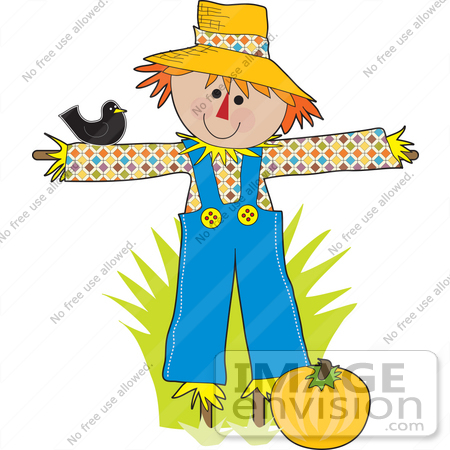 #33651 Clip Art Graphic of a Friendly Scarecrow In A Pumpkin Patch, Chatting With A Black Bird by Maria Bell