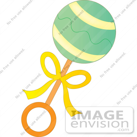 #33656 Clip Art Graphic of a Green Baby Rattle With A Yellow Bow by Maria Bell