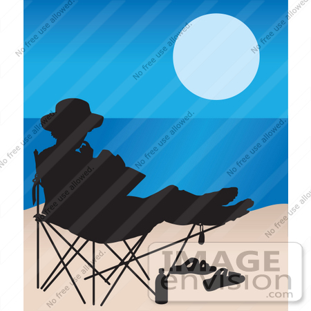 #33662 Clip Art Graphic of a Silhouetted Person Reading A Book On A Chair On A Beach by Maria Bell