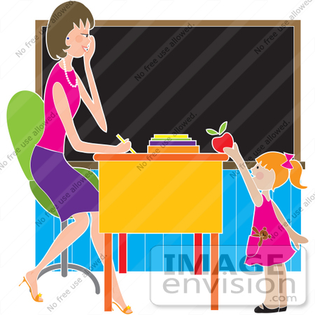 #33668 Clip Art Graphic of a Female Teacher Getting A Red Apple From A Kindergarden Student by Maria Bell