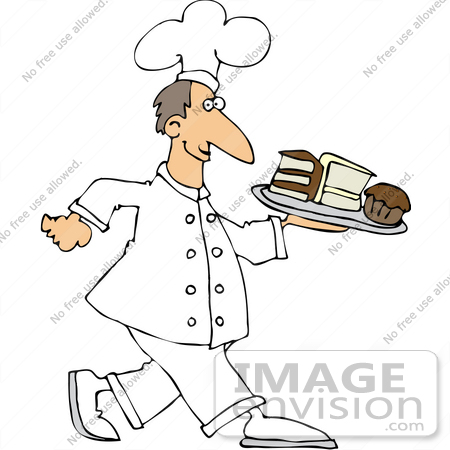 #33900 Clip Art Graphic of a Friendly Male Caucasian Chef In Uniform, Carrying A Tray Of Chocolate And Vanilla Cake And A Cupcake In A Bakery by DJArt