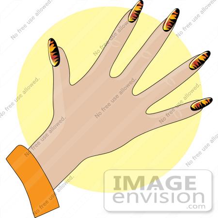 #33948 Clip Art Graphic of a Lady’s Hand With Flame Patterned Gel Acrylic Nails by Maria Bell