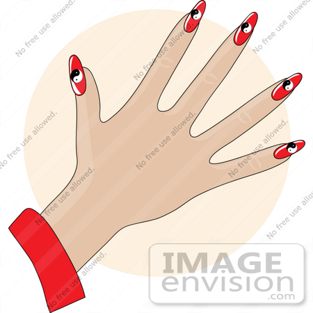 #33949 Clip Art Graphic of a Lady’s Hand With Red Ying Yang Gel Acrylic Nails by Maria Bell