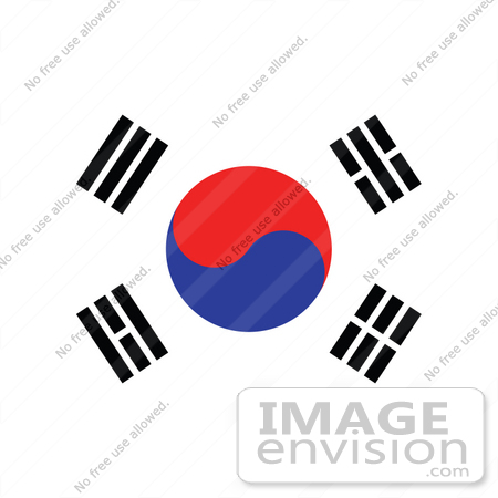 #34081 Clip Art Graphic of the Four Black Trigrams And The Red And Blue Taegeukthe On The White Taegukgi Flag Of South Korea by JVPD