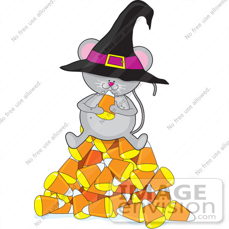 #34087 Clip Art Graphic of a Hungry Little Halloween Mouse Sitting On A Pyramid Of Candy Corn And Wearing A Witches Hat, Eating Candy by Maria Bell