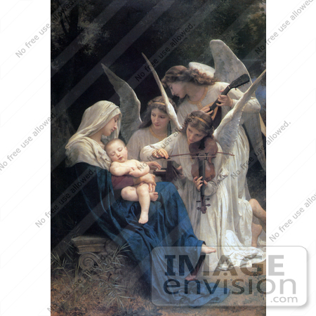 #34091 Stock Illustration Of Mary Sleeping With Baby Jesus In Her Arms, Three Beautiful Angels Admiring The Child And Playing A Violin And Mandolin, Titled Song Of The Angels By William-Adolphe Bouguereau by JVPD