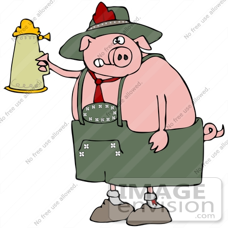 #34115 Clip Art Graphic of a Drunk Oktoberfest Pig Holding Up A Stein Of Beer by DJArt