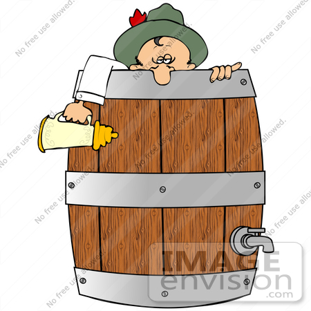 #34119 Clip Art Graphic of a Drunk Oktoberfest Man Collapsed Over The Edge Of A Keg, Holding A Beer Stein by DJArt