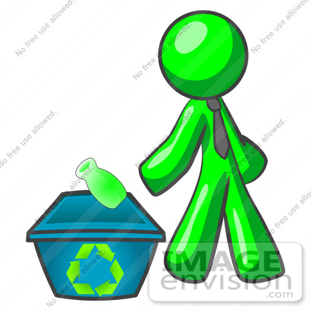 #34175 Clip Art Graphic of a Green Guy Character Wearing A Business Tie And Tossing A Bottle Into A Recycle Bin by Jester Arts
