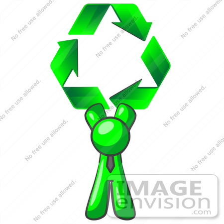 #34177 Clip Art Graphic of a Green Guy Character Wearing A Business Tie And Holding Green Recycle Arrows High Above His Head by Jester Arts