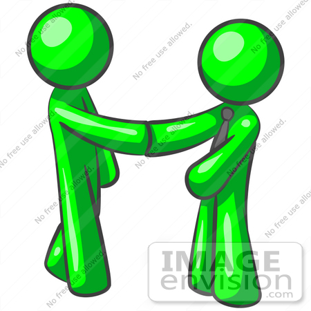 #34180 Clip Art Graphic of a Green Guy Character Wearing A Business Tie And Shaking Hands With A Client On The Pursuit Of Green Energy by Jester Arts