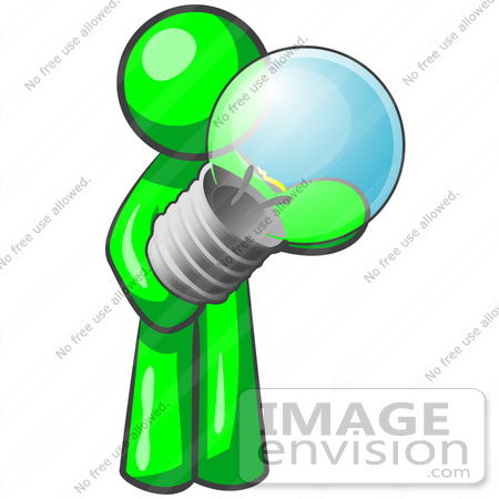#34181 Clip Art Graphic of a Green Guy Character Standing And Holding A Glass Electric Light Bulb by Jester Arts