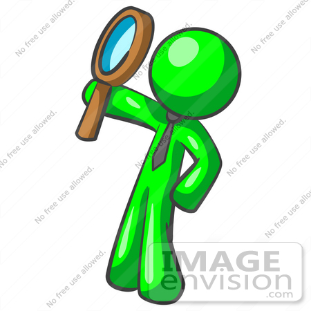 #34193 Clip Art Graphic of a Green Guy Character Wearing A Business Tie And Holding Up A Magnifying Glass, In Search Of A Way To Prevent Pollution by Jester Arts