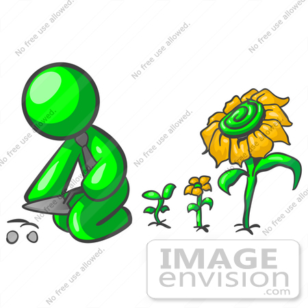 #34195 Clip Art Graphic of a Green Guy Character Wearing A Business Tie And Kneeling To Plant Seeds In A Sunflower Garden With Flowers In Different Stages Of Growth by Jester Arts