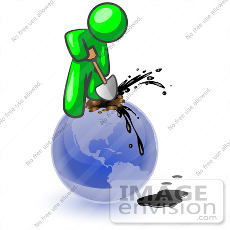 #34196 Clip Art Graphic of a Green Guy Character Stabbing A Shovel Into A Blue Globe With Oil Spurting Out by Jester Arts