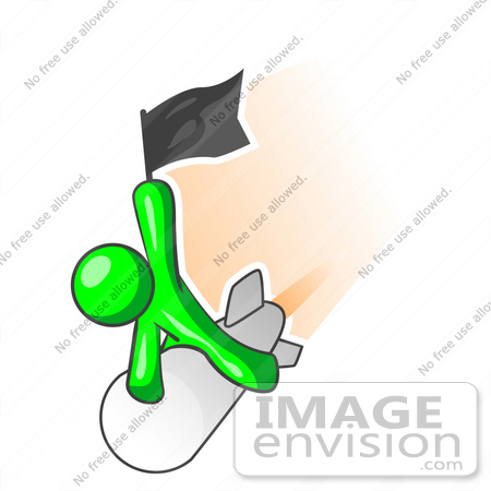 #34199 Clip Art Graphic of a Green Guy Character Holding Up A Black Flag And Shooting Past On A Rocket Over An Orange Background by Jester Arts