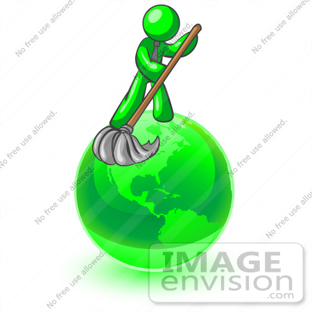 #34201 Clip Art Graphic of a Green Guy Character Wearing A Business Tie And Mopping Up Pollution On The Green Earth by Jester Arts