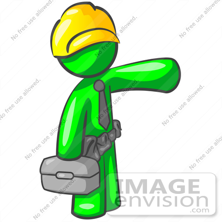 #34203 Clip Art Graphic of a Green Guy Character Construction Worker Wearing A Hard Hat, Tool Belt And Tie And Carrying A Tool Box by Jester Arts