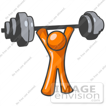 #34208 Clip Art Graphic of an Orange Man Character Holding Up A Heavy Barbell Above His Head by Jester Arts