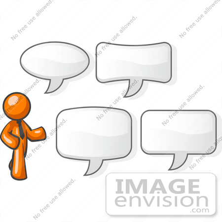 #34210 Clip Art Graphic of an Orange Man Character In A Business Tie, Standing By Different Shaped Word Balloons by Jester Arts
