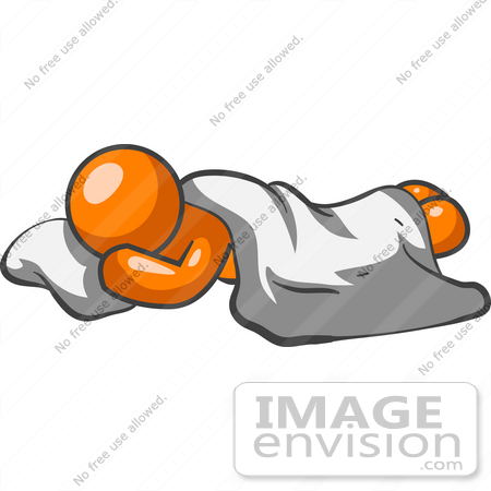 #34212 Clip Art Graphic of an Orange Man Character Sound Asleep Under A Blanket, Resting His Head On A Pillow by Jester Arts