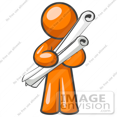 #34214 Clip Art Graphic of an Orange Man Character Holding Two Long Scrolled Blueprints Or Design Plans by Jester Arts