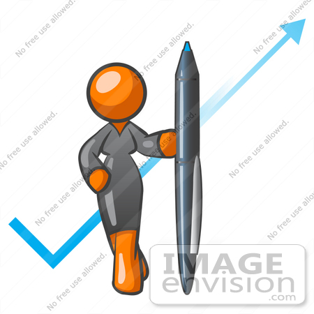 #34226 Clip Art Graphic of an Orange Corporate Woman Character Standing In Front Of An Arrow And Check Mark With A Pen by Jester Arts