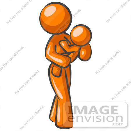 #34229 Clip Art Graphic of an Orange Woman Mom Character Carrying Her Young Child In Her Arms by Jester Arts