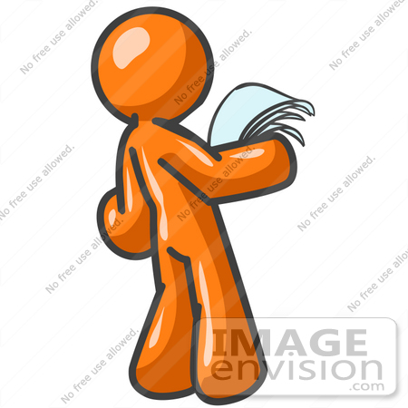 #34230 Clip Art Graphic of an Orange Guy Character Standing In Shock And Reading A Good Resume, Long Letter Or Legal Documents by Jester Arts