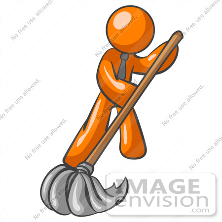 #34237 Clip Art Graphic of an Orange Guy Character Wearing A Tie And Mopping Up A Mess On A Floor by Jester Arts