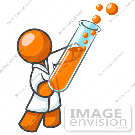 #34239 Clip Art Graphic of an Orange Guy Scientist Character Wearing A Lab Coat And Holding A Bubbly Liquid Filled Test Tube by Jester Arts