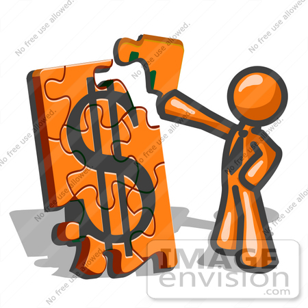 #34247 Clip Art Graphic of an Orange Guy Character Fitting A Corner Piece To A Financial Dollar Sign Puzzle On Top by Jester Arts