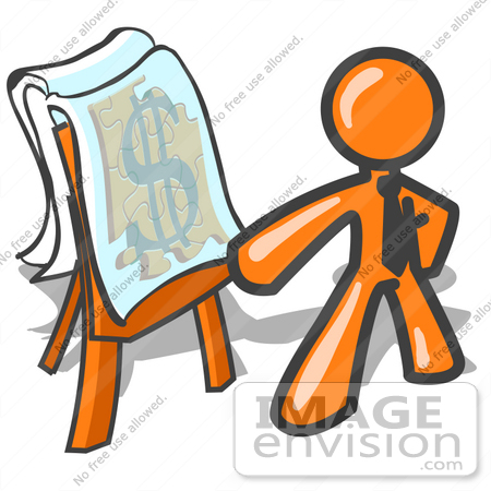 #34249 Clip Art Graphic of an Orange Guy Character Wearing A Business Tie, Standing In Front Of A Presentation Board With A Dollar Sign Puzzle During A Meeting by Jester Arts