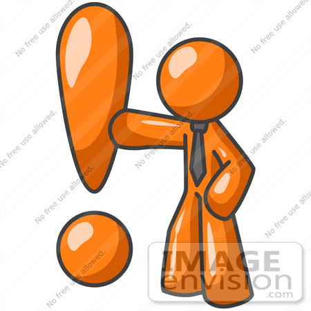 #34250 Clip Art Graphic of an Orange Guy Character Wearing A Business Tie And Punching A Giant Exclamation Point by Jester Arts