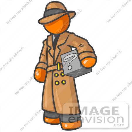 #34257 Clip Art Graphic of an Orange Guy Character In A Trench Coat Carrying A Discovery Box by Jester Arts