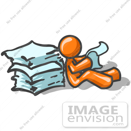 #34258 Clip Art Graphic of an Orange Guy Character Sitting On The Floor And Going Through A Large Stack Of Papers At Work by Jester Arts