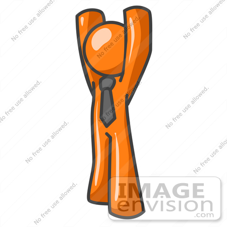 #34259 Clip Art Graphic of an Orange Guy Character Wearing A Tie And Standing With His Arms High Above His Head by Jester Arts