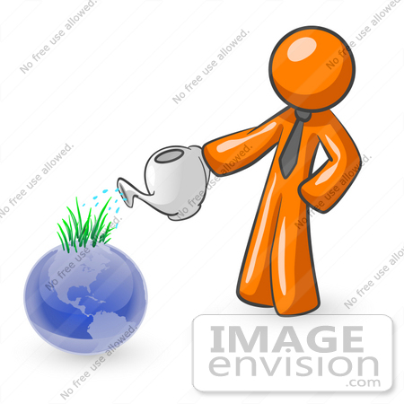 #34267 Clip Art Graphic of an Orange Guy Character Using A Watering Can To Feed Sprouting Grass On Top Of A Blue Globe by Jester Arts