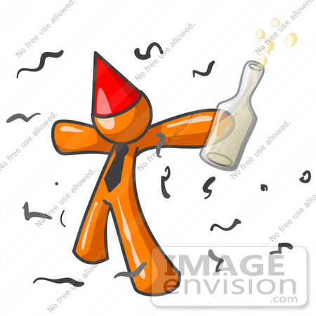 #34271 Clip Art Graphic of an Orange Guy Character In A Red Party Hat, Holding A Bottle Of Champagne And Partying In Confetti At A New Year’s Party by Jester Arts