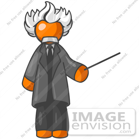 #34279 Clip Art Graphic of an Orange Guy Albert Einstein Character With White Hair, Holding A Pointer by Jester Arts