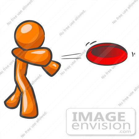 #34286 Clip Art Graphic of an Orange Guy Character Throwing A Red Frisbee With Strength by Jester Arts
