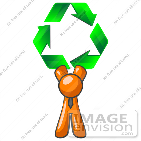 #34303 Clip Art Graphic of an Orange Guy Character In A Business Tie, Holding Green Recycle Arrows Above His Head by Jester Arts