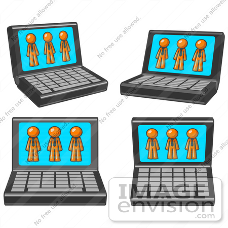 #34322 Clip Art Graphic of Orange Guy Characters Displayed On Laptop Computer Monitors by Jester Arts
