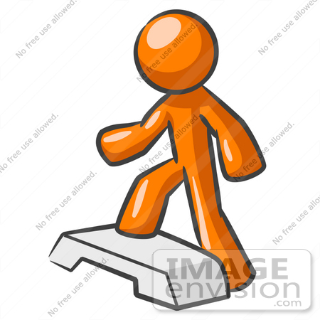 #34324 Clip Art Graphic of an Orange Guy Character Stepping Up Onto A Fitness Platform by Jester Arts