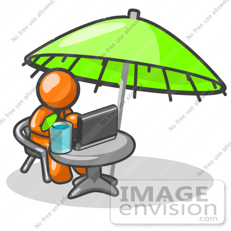 #34327 Clip Art Graphic of an Orange Guy Character Working At A Patio Table On A Laptop by Jester Arts