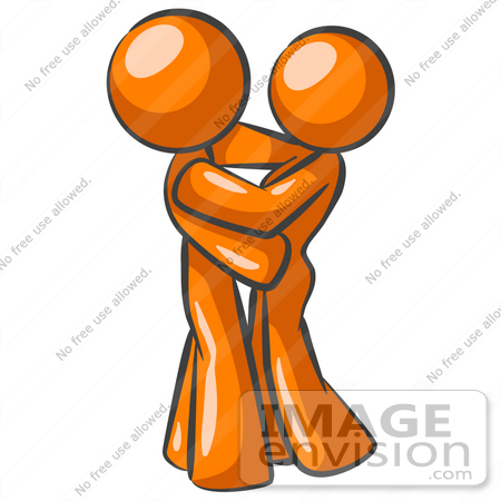 #34335 Clip Art Graphic of an Orange Guy Character Hugging His Sweetheart, Wife, Girlfriend Or Friend by Jester Arts