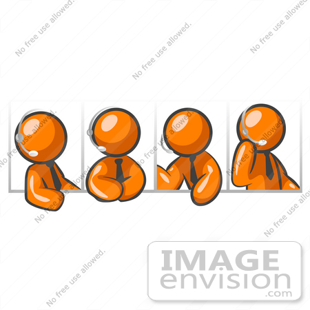 #34337 Clip Art Graphic of an Orange Guy Character In Four Different Poses, Wearing A Business Tie And Talking On A Headset by Jester Arts
