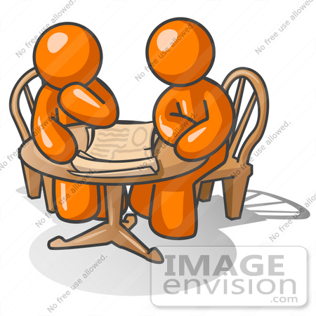 #34339 Clip Art Graphic of an Orange Guy Character And Friend Sitting At A Table And Looking At Papers by Jester Arts