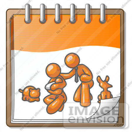 #34340 Clip Art Graphic of an Orange Guy Character With His Family And Pets On A Notepad by Jester Arts