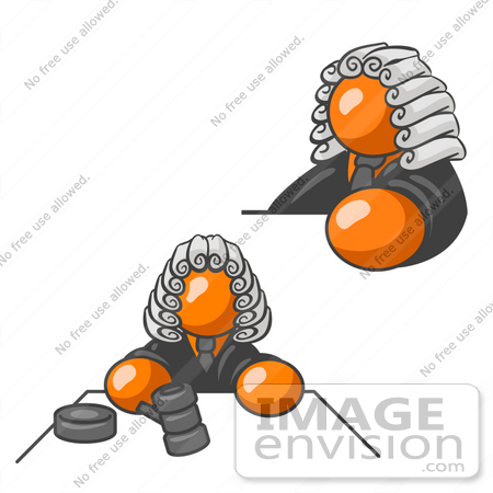 #34345 Clip Art Graphic of an Orange Guy Character Judge Wearing Wig And Shown In Two Poses, One Scene Where He Is Whacking The Gavel On The Desk by Jester Arts